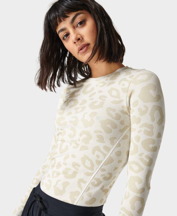 ropa jacquard de leopardo de pintura blanca T28T157 top de manga larga sin costuras con brillos mujer Sweaty Betty