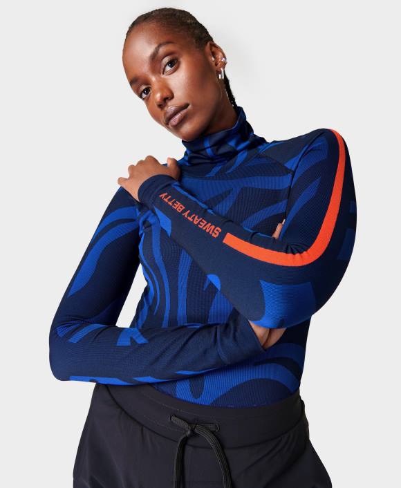 ropa jacquard fluido animal azul T28T465 camiseta interior con cuello alzado y animales mujer Sweaty Betty