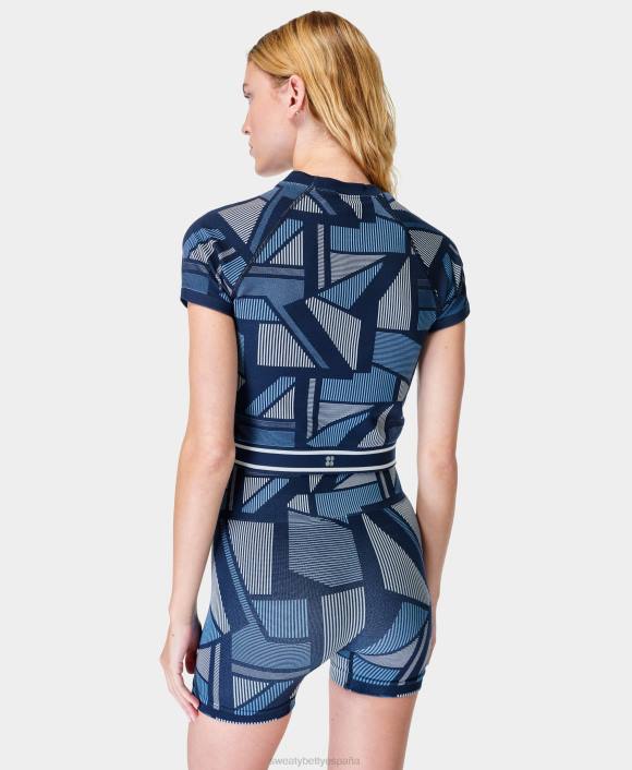 ropa jacquard de rayas azules yuxtapuestas T28T770 top de manga corta sin costuras con rayas náuticas mujer Sweaty Betty