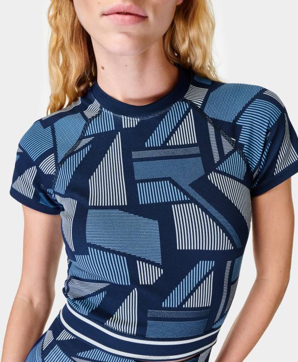 ropa jacquard de rayas azules yuxtapuestas T28T770 top de manga corta sin costuras con rayas náuticas mujer Sweaty Betty